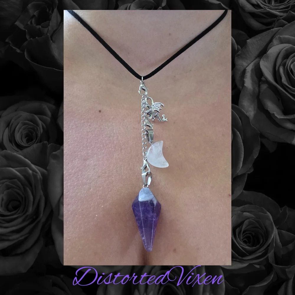 Dragon Amethyst Pendulum Necklace • Clear Quartz Moon • Witch Divination Jewelry
